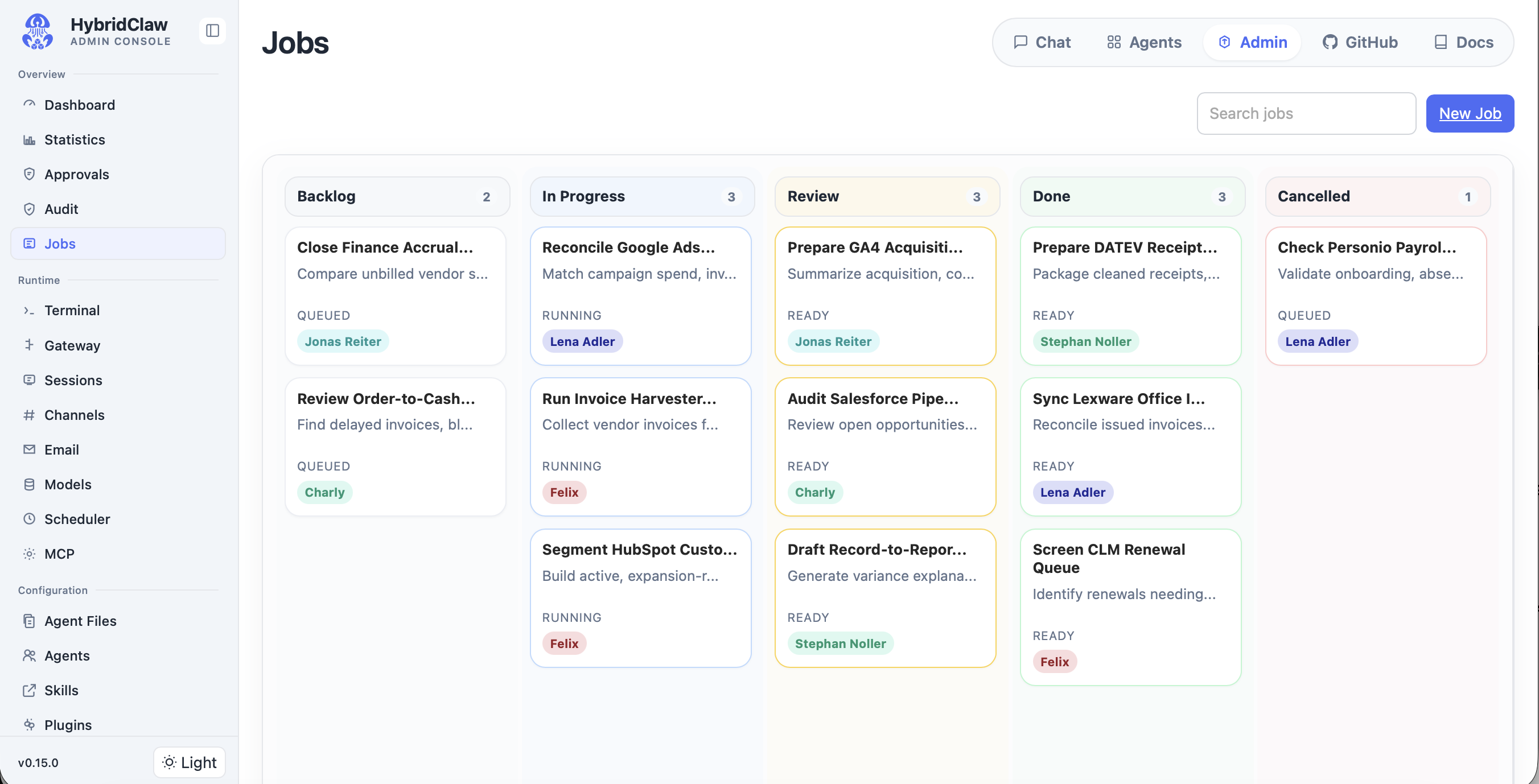 HybridClaw Kanban board: agent jobs with status, ownership and escalation.